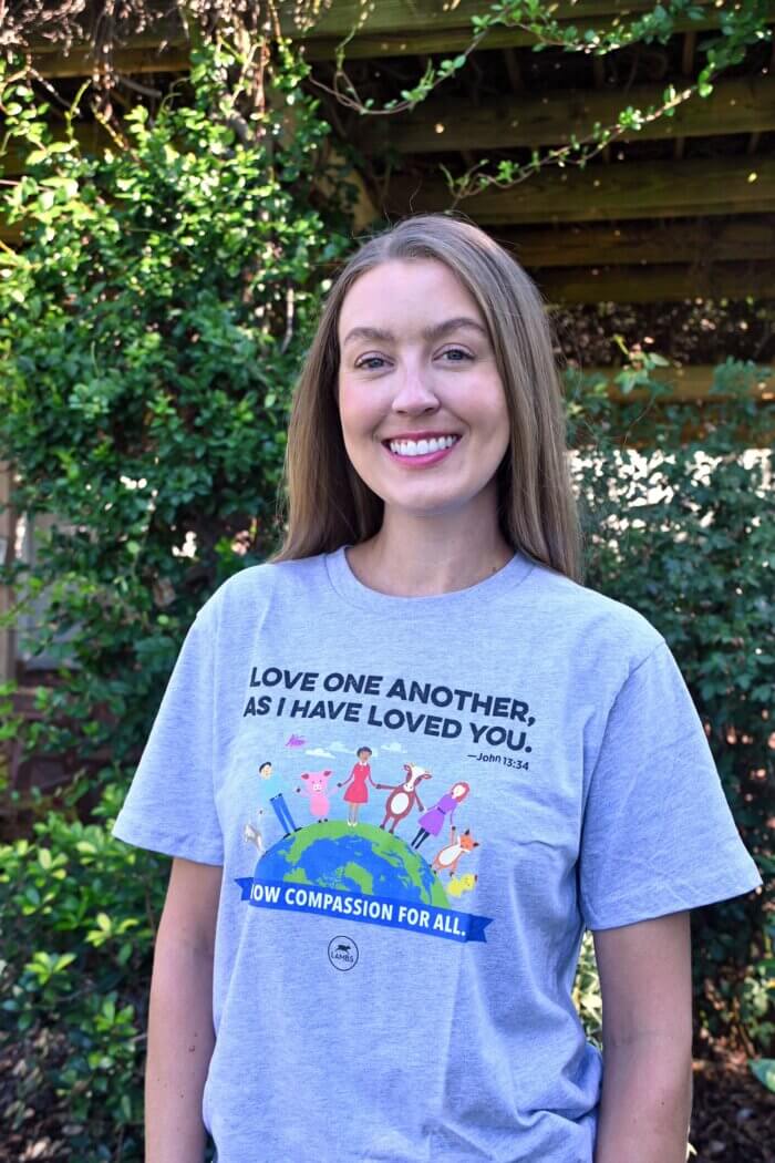 PETA Lambs shirt being worn by smiling woman