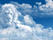 blue sky with white clouds shaped as a lion and a lamb lying together peacefully