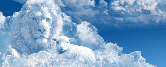 blue sky with white clouds shaped as a lion and a lamb lying together peacefully