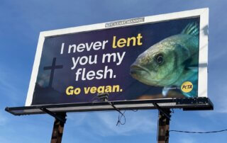large sign against blue sky with a cross, a fish, and a slogan that says 'I never lent you my flesh. Go vegan.'