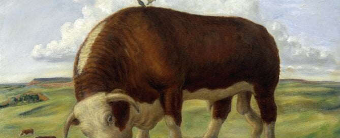 painting of a brown bull eating grass in a field