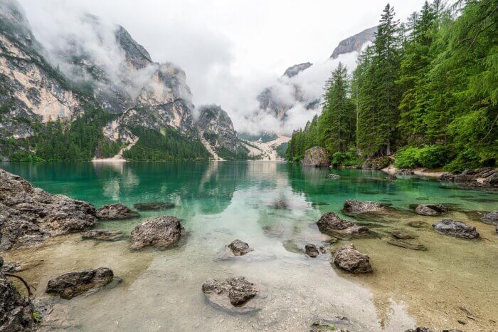 Mountains with clouds and lake